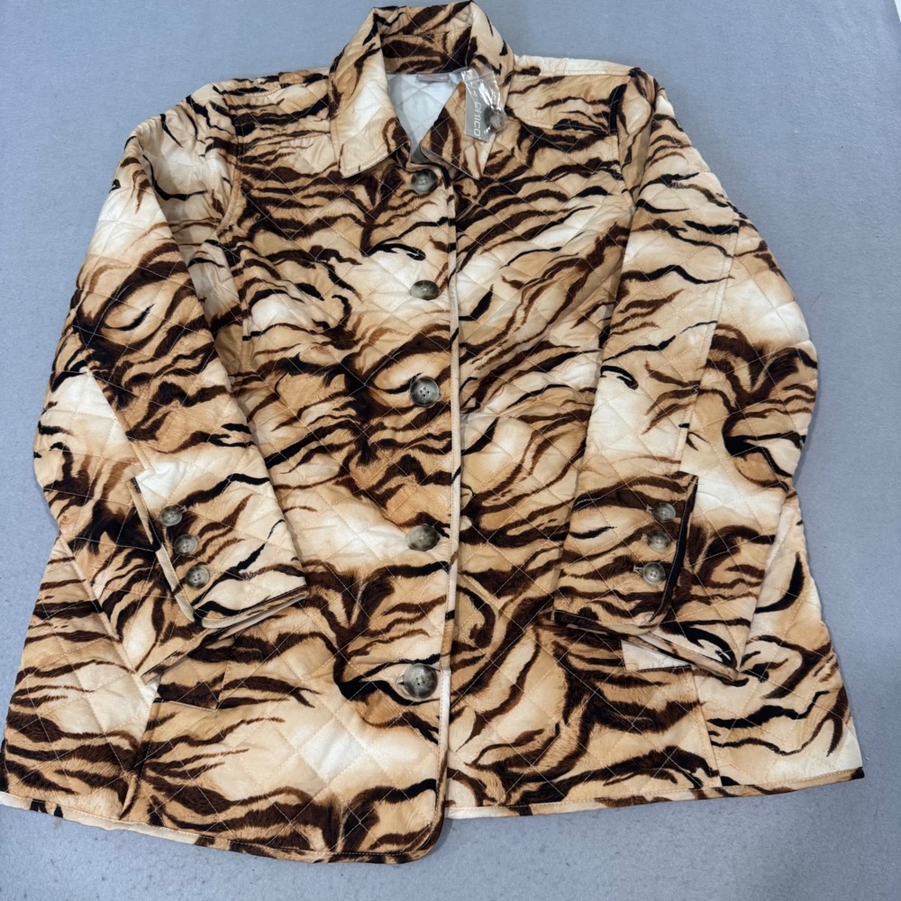 Chico's Quilted Jacket Women Size 3 16/18 Neutral Tiger Print Button Front LS